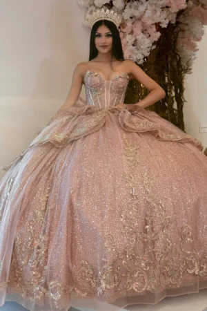 Glittery Tulle Lace Beaded Sweetheart Corset Quinceanera Dresses with Ruffles