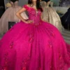 Fuchsia Sweet 16 Quinceanera Dresses Glittery Tulle 3D Flowers Party Dresses