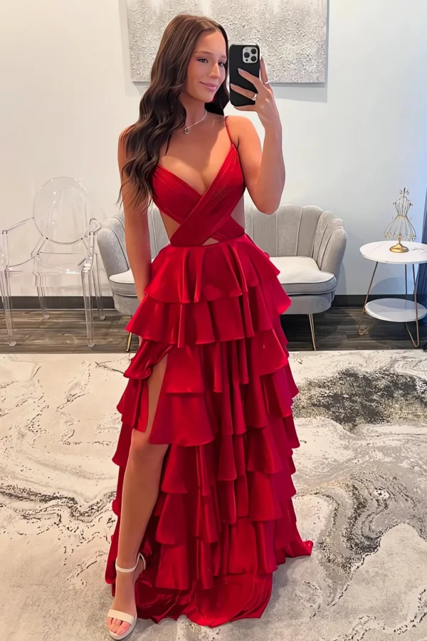 A-Line Prom Dresses Long Tiered Pleated V Neck Evening Party Dresses with Slit