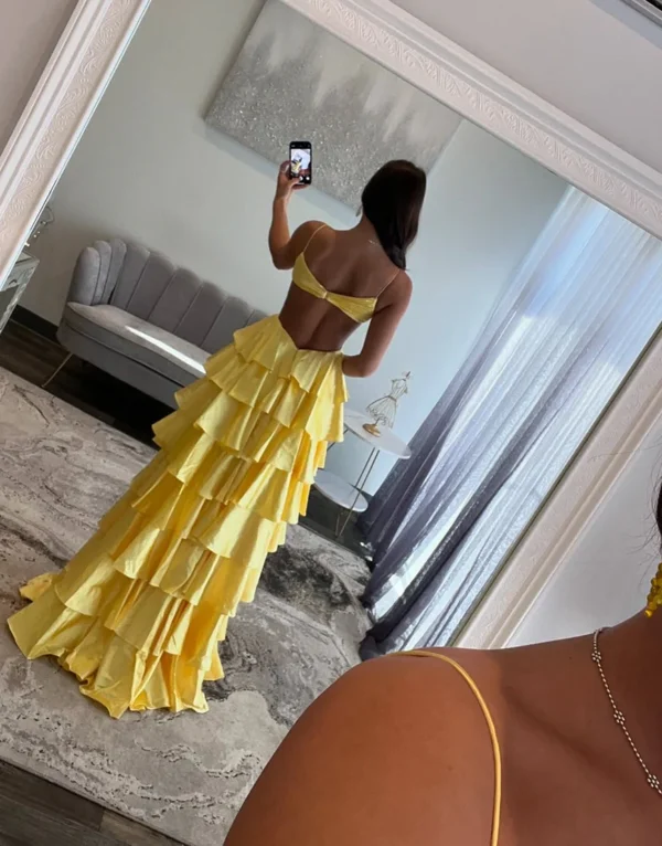 A-Line Prom Dresses Long Tiered Pleated V Neck Evening Party Dresses with Slit