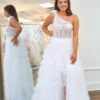 Women's One Shoulder Tulle Ruffled Prom Dresses Corset Lace Evening Party Gowns