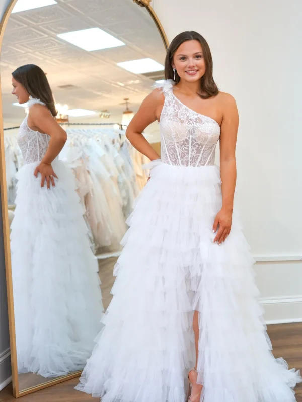 Women's One Shoulder Tulle Ruffled Prom Dresses Corset Lace Evening Party Gowns