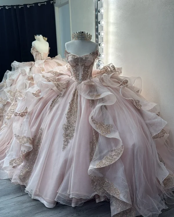 SE008-4 Sweetheart Tulle Ruffle Lace Appliqued Blush Quinceanera Dresses for Sweet 16 Party