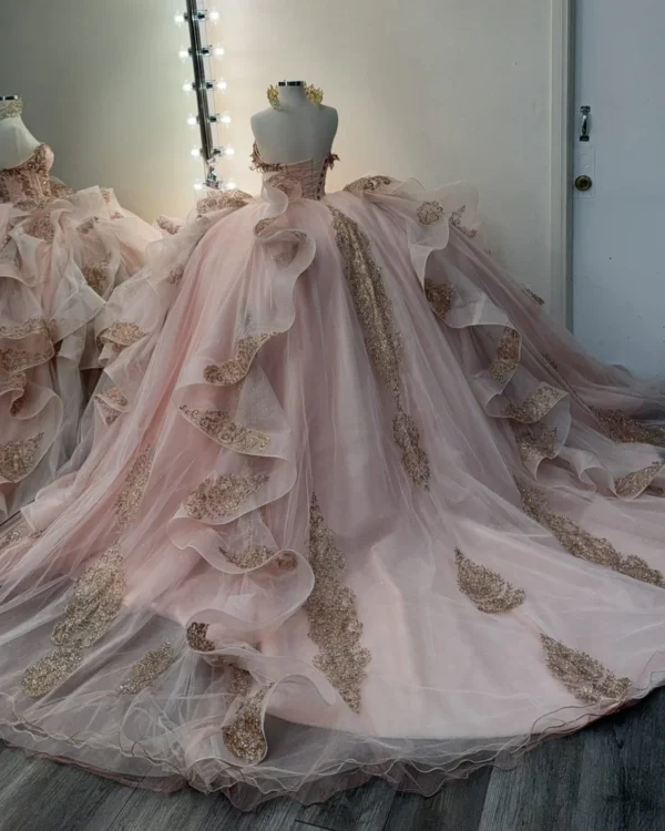 SE008-5 Sweetheart Tulle Ruffle Lace Appliqued Blush Quinceanera Dresses for Sweet 16 Party