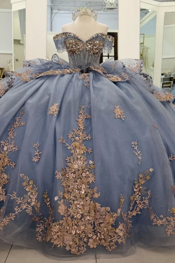 Off Shoulder Tulle Corset Appliqued Quinceanera Dresses Princess Sweet 16 Party Gowns